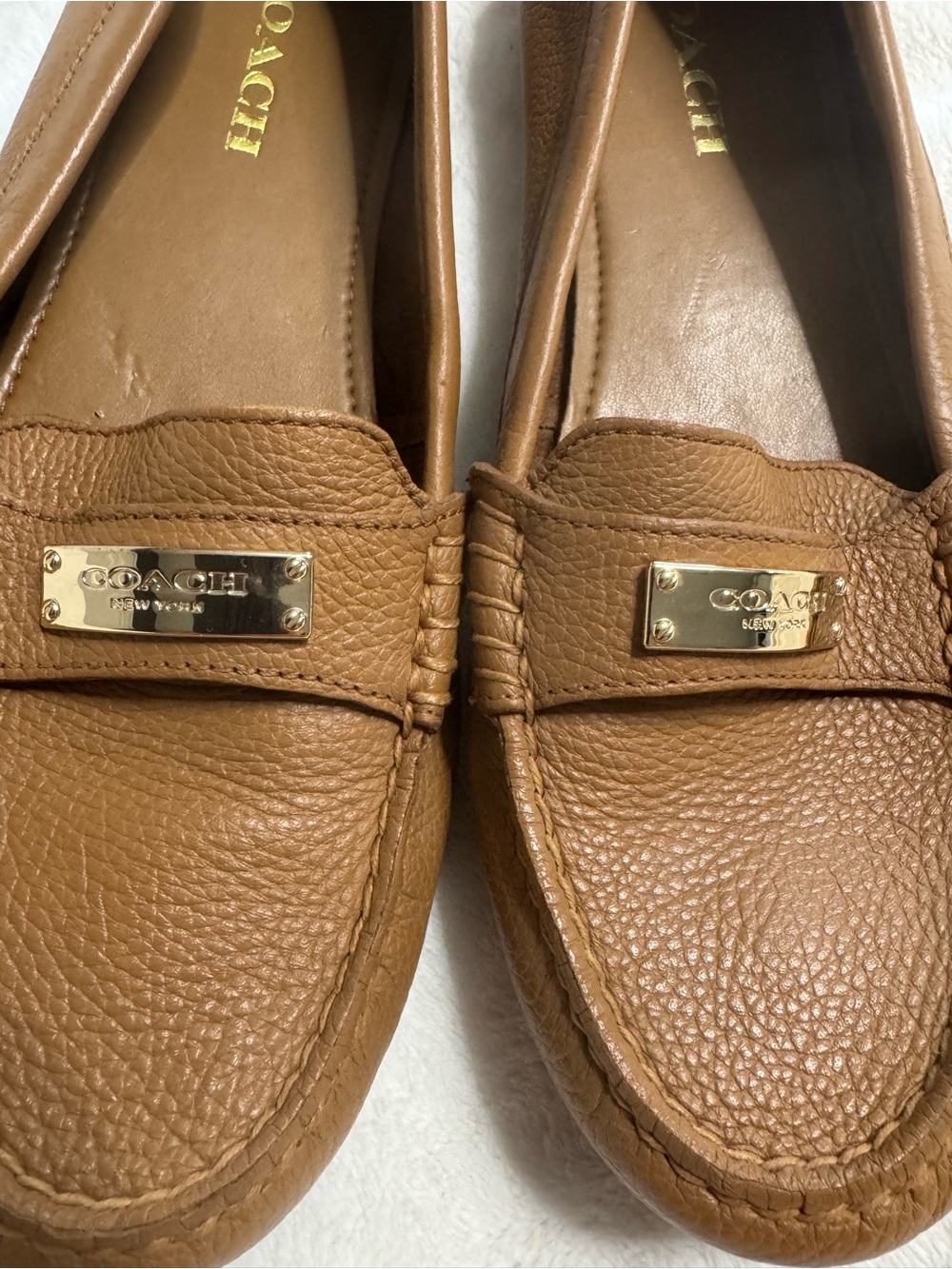 Coach Brown Pebbled Leather Loafers with Gold Plaque